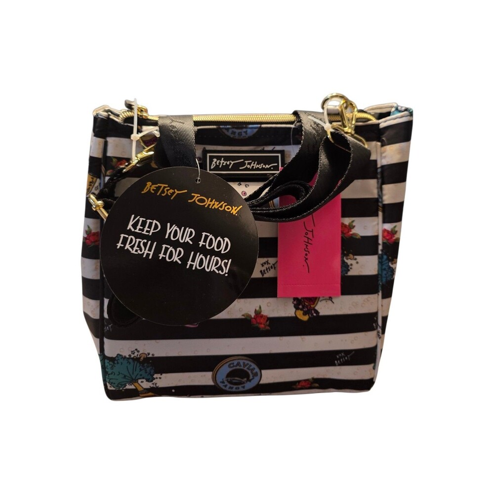 Betsey Johnson Caviar and Champagne Zip Top Insulated Lunch Tote Lunch Bag NEW